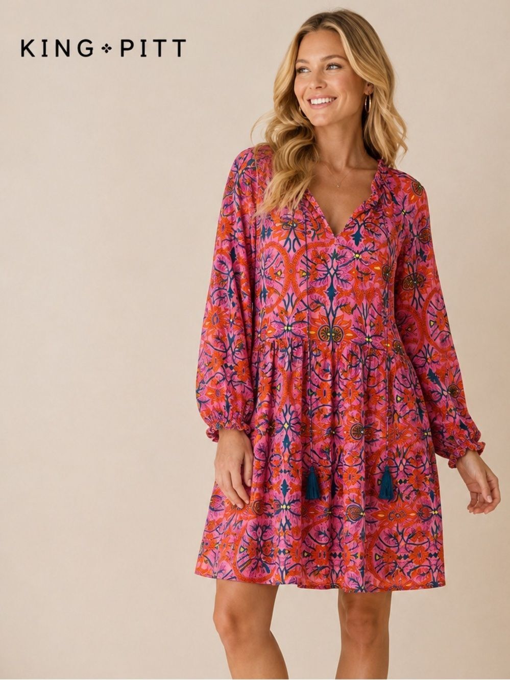KING + PITT Pink Orange Floral Boho Tiered Dress Size Large
